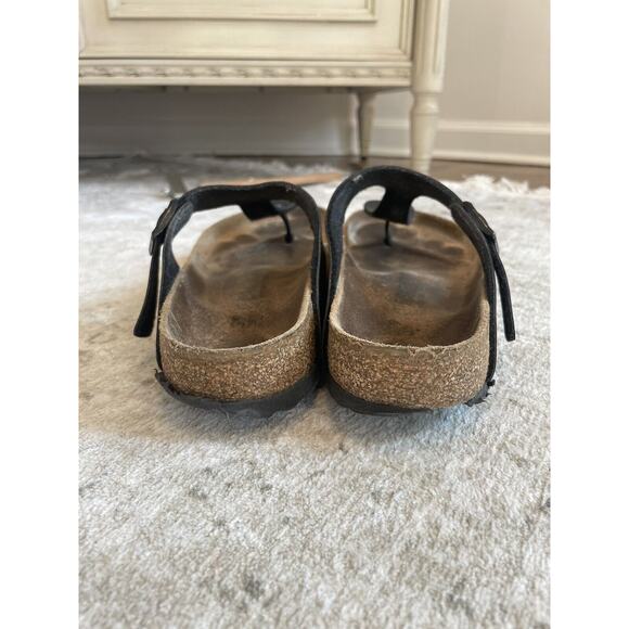 Birkenstock Size 39 Gizeh Birko Flor Sandals Black Leather Buckle Preloved - Picture 7 of 8